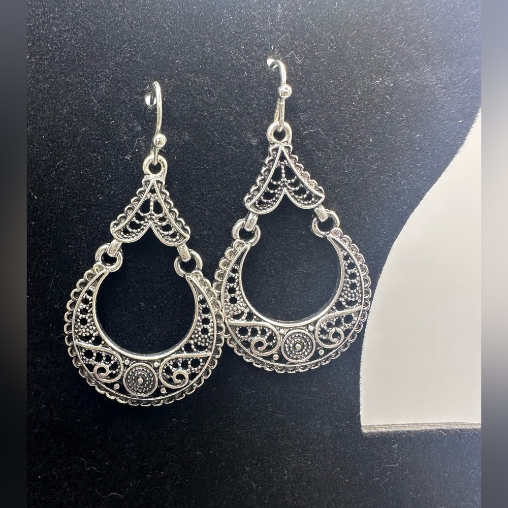 Bali Filigree Teardrop Earrings: Oxidized Silver Dangle, Silver Hooks, Boho Lace